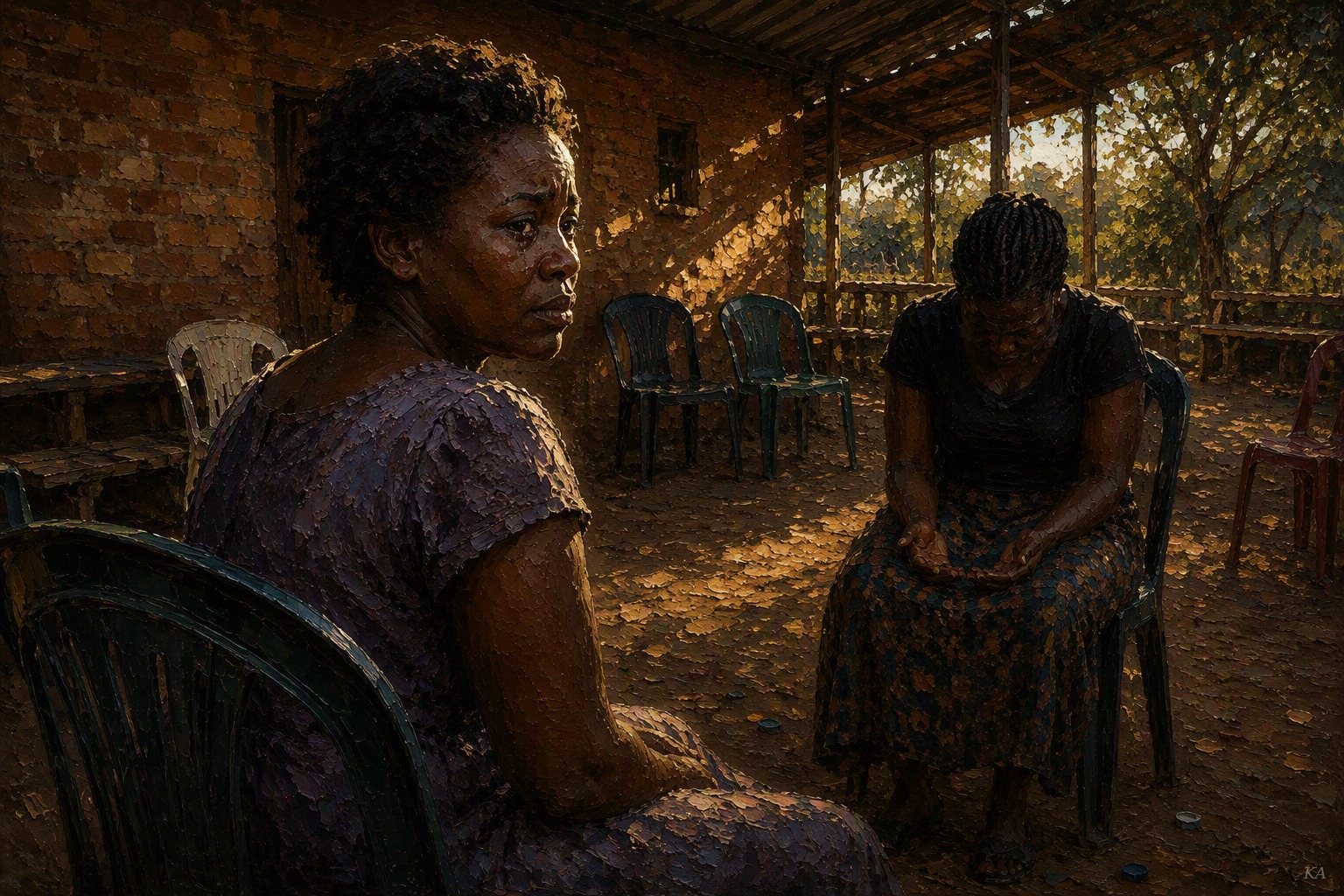Two Black African women sit in a loose circle of mismatched plastic chairs and wooden benches in the packed-earth yard of a Zimbabwean community hall, several chairs around them left empty; the nearer woman, turned three-quarter toward the other, has a single tear tracked down her cheek as her composure gives way, while the second woman sits further back in soft shadow, head bowed, hands resting loose and open in her lap; the two are not touching.