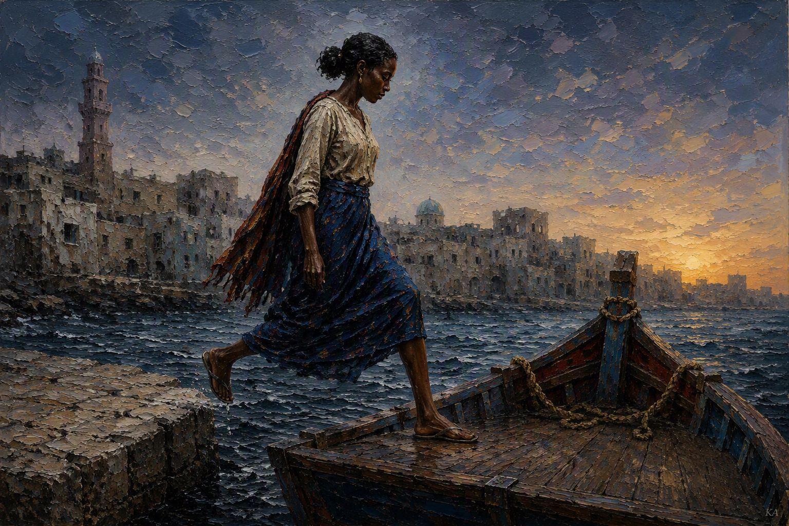 A woman steps from a weathered stone jetty onto a wooden boat at dawn, her back foot lifting clear of the stone as her front foot plants flat on the deck, coral-stone buildings and a minaret rising along the shore behind her, the water below dark and unsettled.