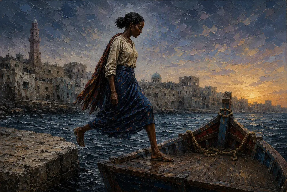 A woman steps from a weathered stone jetty onto a wooden boat at dawn, her back foot lifting clear of the stone as her front foot plants flat on the deck, coral-stone buildings and a minaret rising along the shore behind her, the water below dark and unsettled.