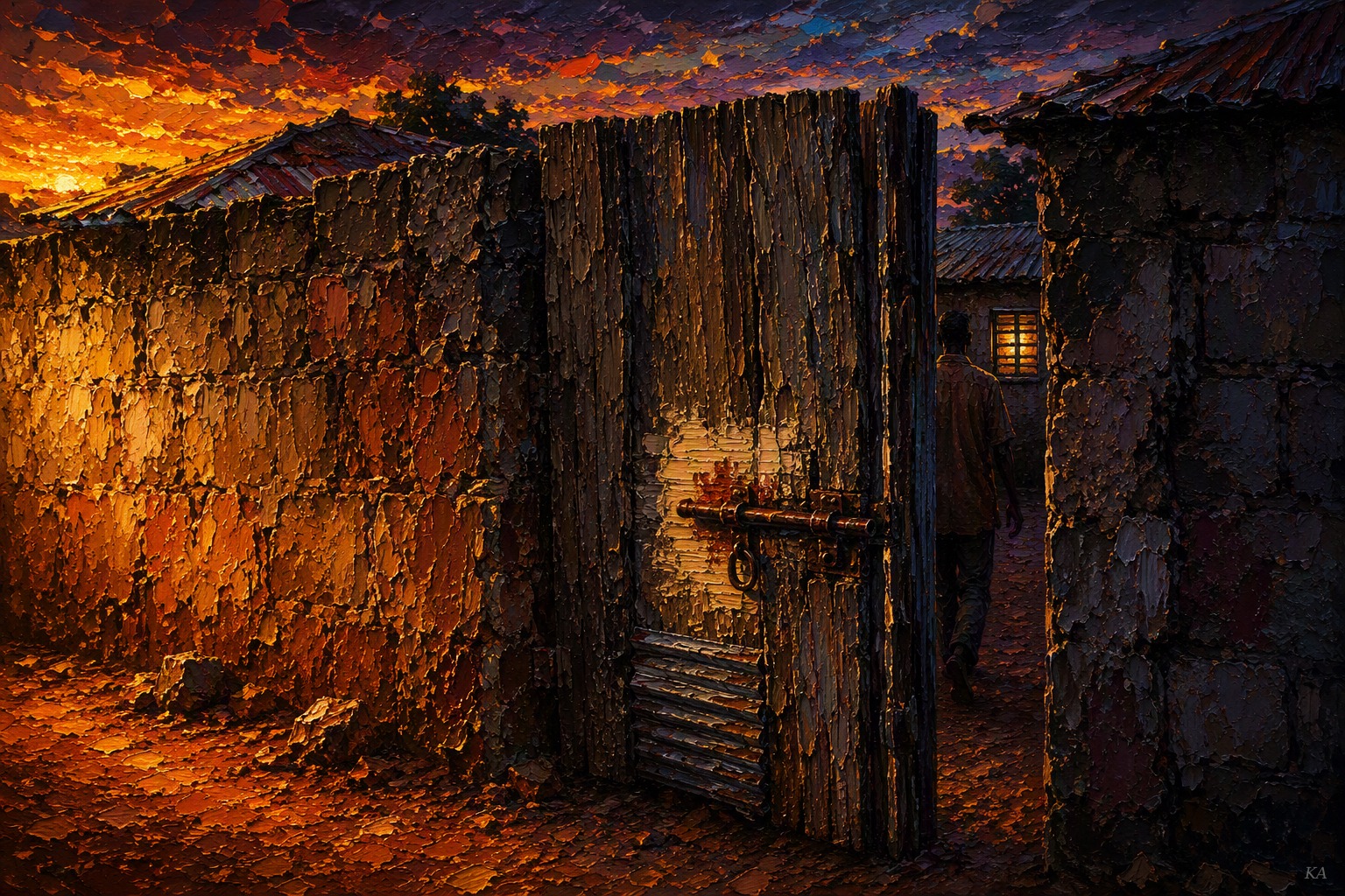 A wooden gate stands ajar between two walled family compounds under a fiery dusk sky, an iron slide-bolt freshly thrown shut across a pale, unweathered strip of wood where it has always rested open before; through the gap, a man walks away with his back turned, past a small lit, barred window, into the darkening courtyard beyond.