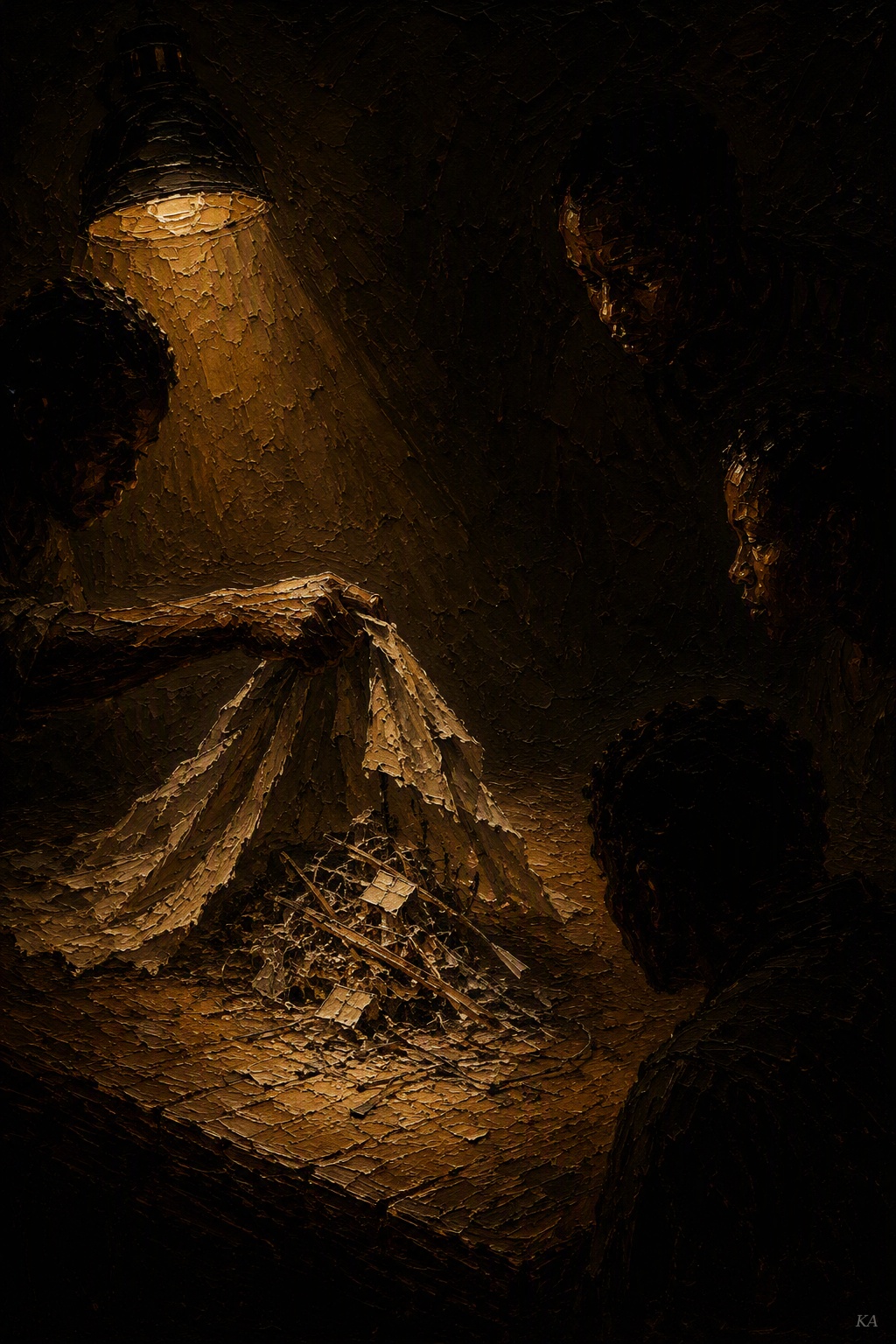 Hands and faces gather in near-darkness around a small lit structure of sticks and paper beneath a hanging lamp.