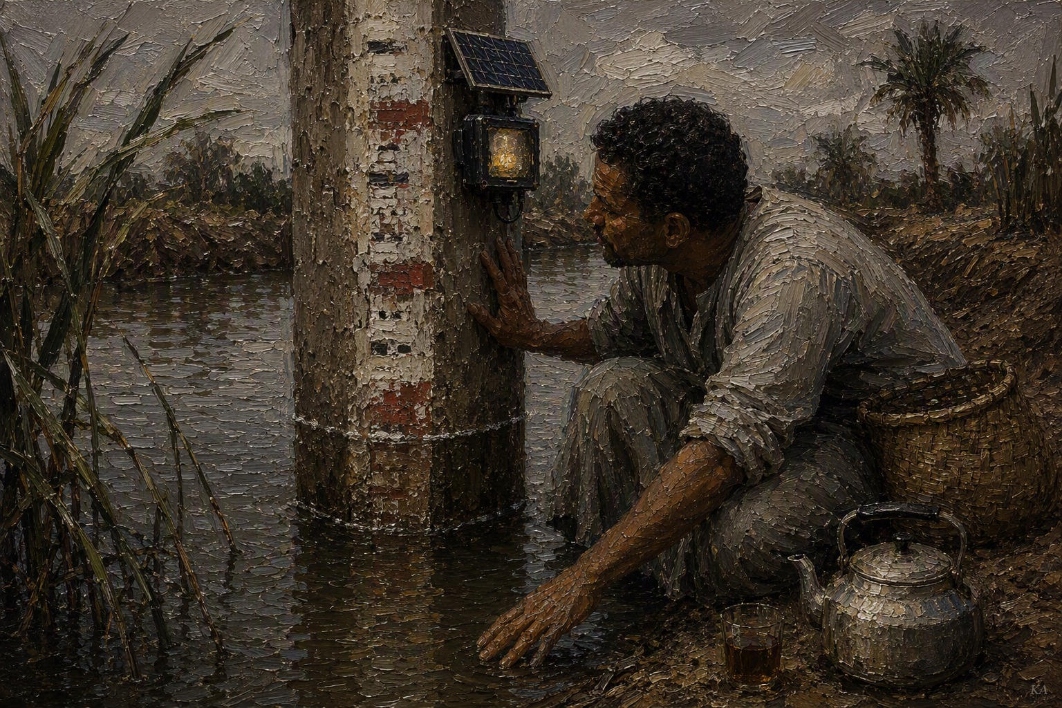 A man crouches at the edge of a small irrigation canal, one hand braced against a weathered concrete gauge post marked with old repainted bands, a solar-powered lamp glowing faintly above it, his other hand reaching toward the water where the level sits between two of the post’s marks; a tin kettle, tea glass, and woven basket rest on the muddy bank among reeds and a distant palm.