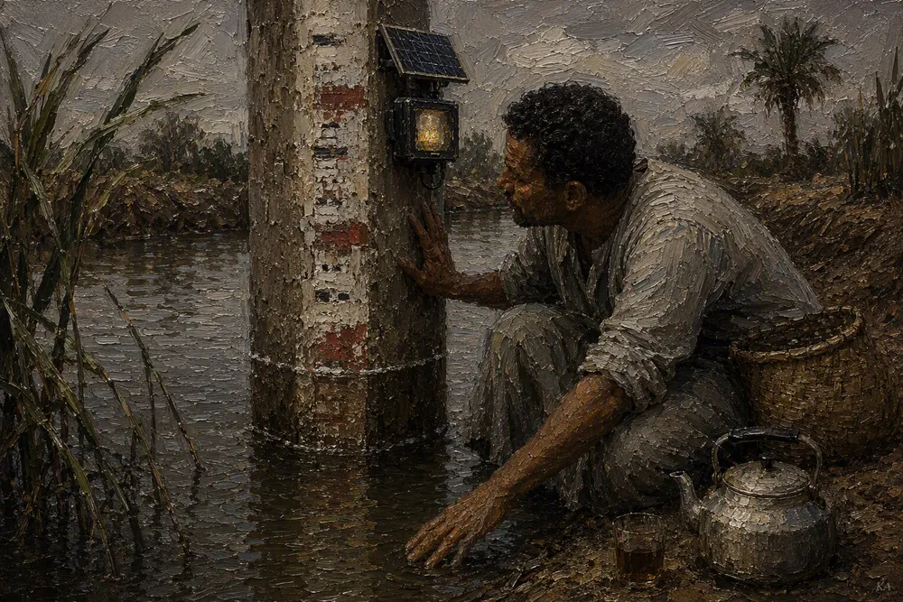 A man crouches at the edge of a small irrigation canal, one hand braced against a weathered concrete gauge post marked with old repainted bands, a solar-powered lamp glowing faintly above it, his other hand reaching toward the water where the level sits between two of the post’s marks; a tin kettle, tea glass, and woven basket rest on the muddy bank among reeds and a distant palm.