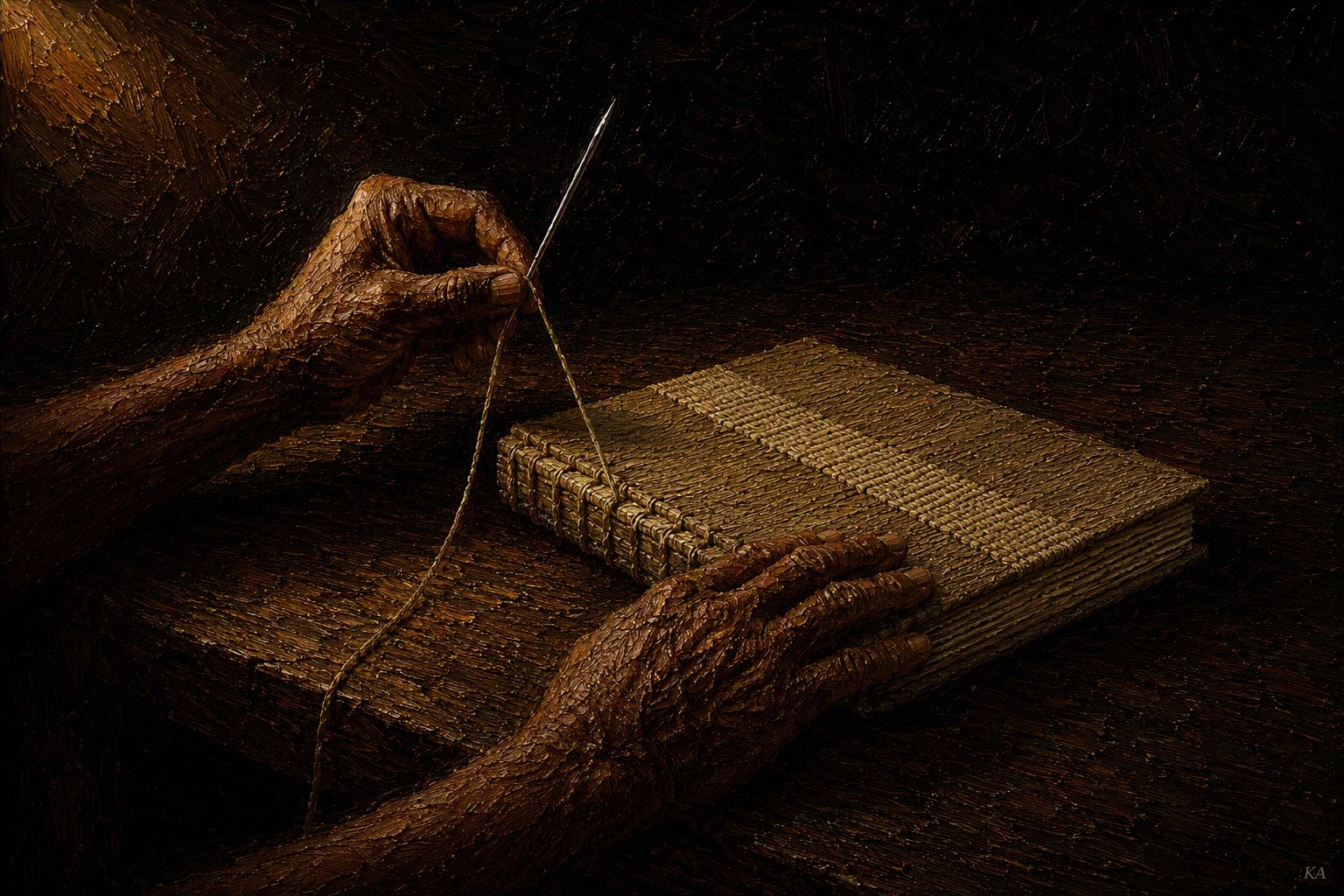 Two weathered hands stitch the woven spine of a thick book with a needle and thread against near-total darkness.