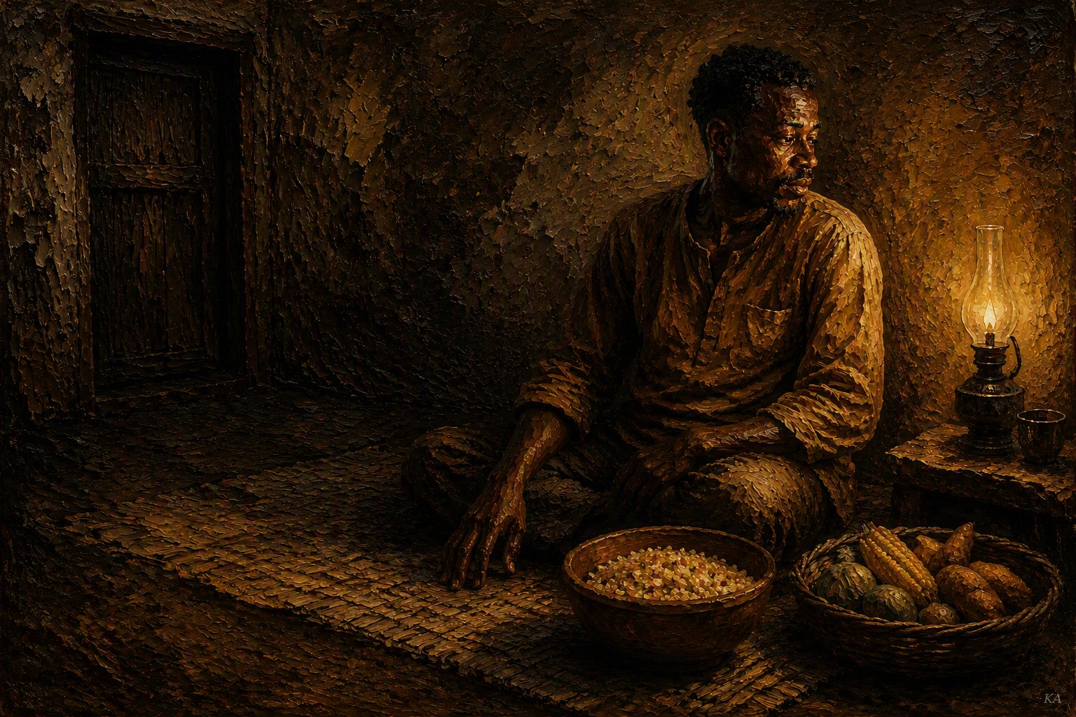 A man sits in warm lamplight beside bowls of grain and produce on a woven mat in a bare room.