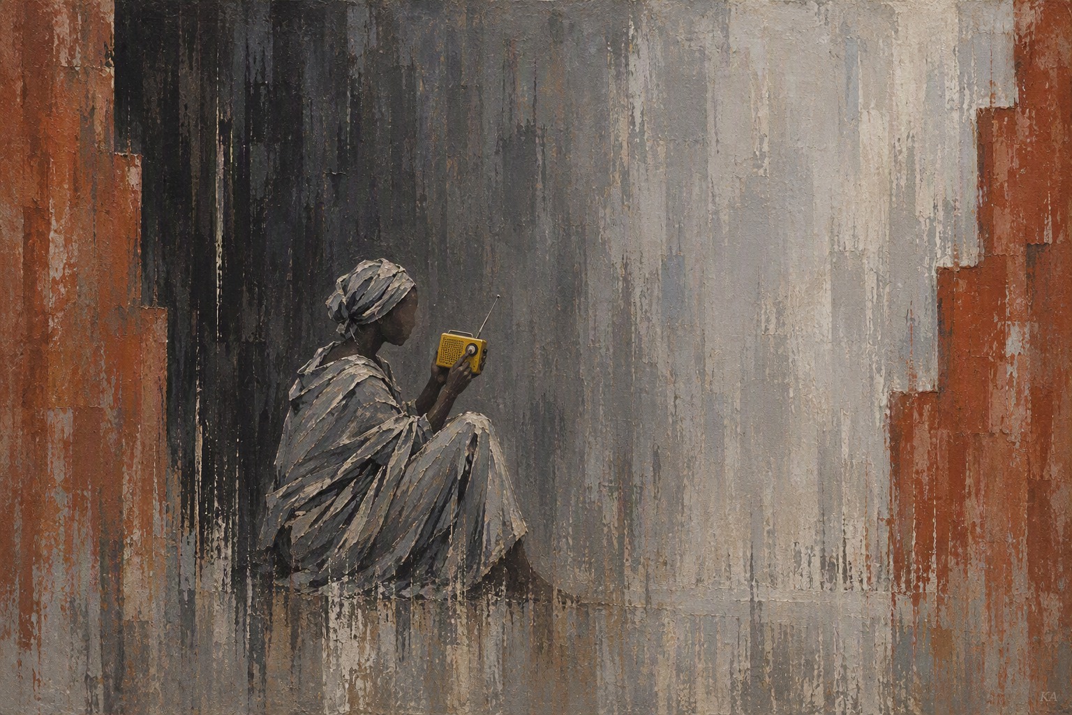 A South Sudanese woman wrapped in a long slate-grey cloth and headscarf sits on the ground with her knees drawn up, her thumb on the dial of a small bright yellow radio, in a field fading from charcoal to pale ash between stepped red-earth panels.