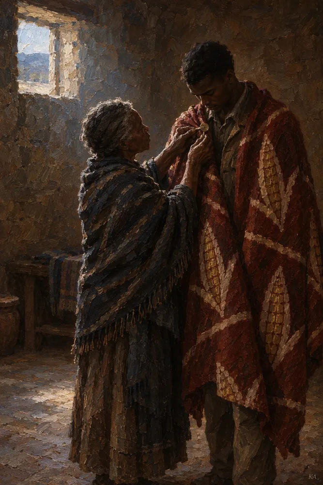In a sandstone room lit by a small window, an elderly woman in a dark shawl fastens a gold pin on the oxblood, maize-patterned Basotho blanket around her grandson’s shoulders while he looks down at her hands.