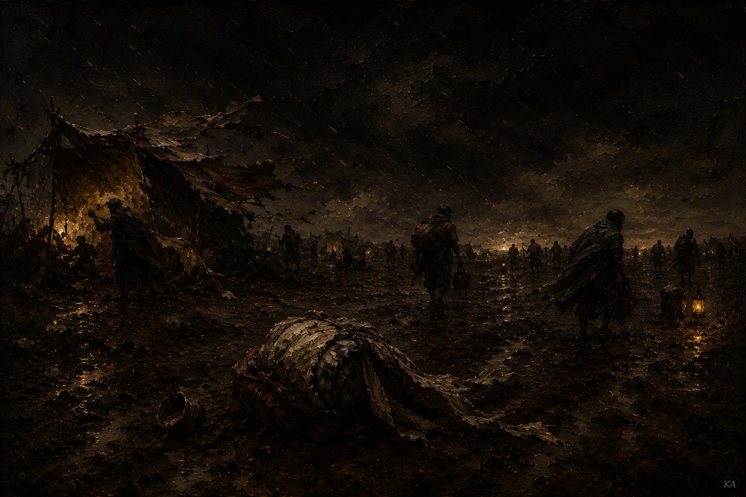 Figures move through a dark, rain-swept camp of tents and lanterns at night, one shrouded bundle resting in the mud.