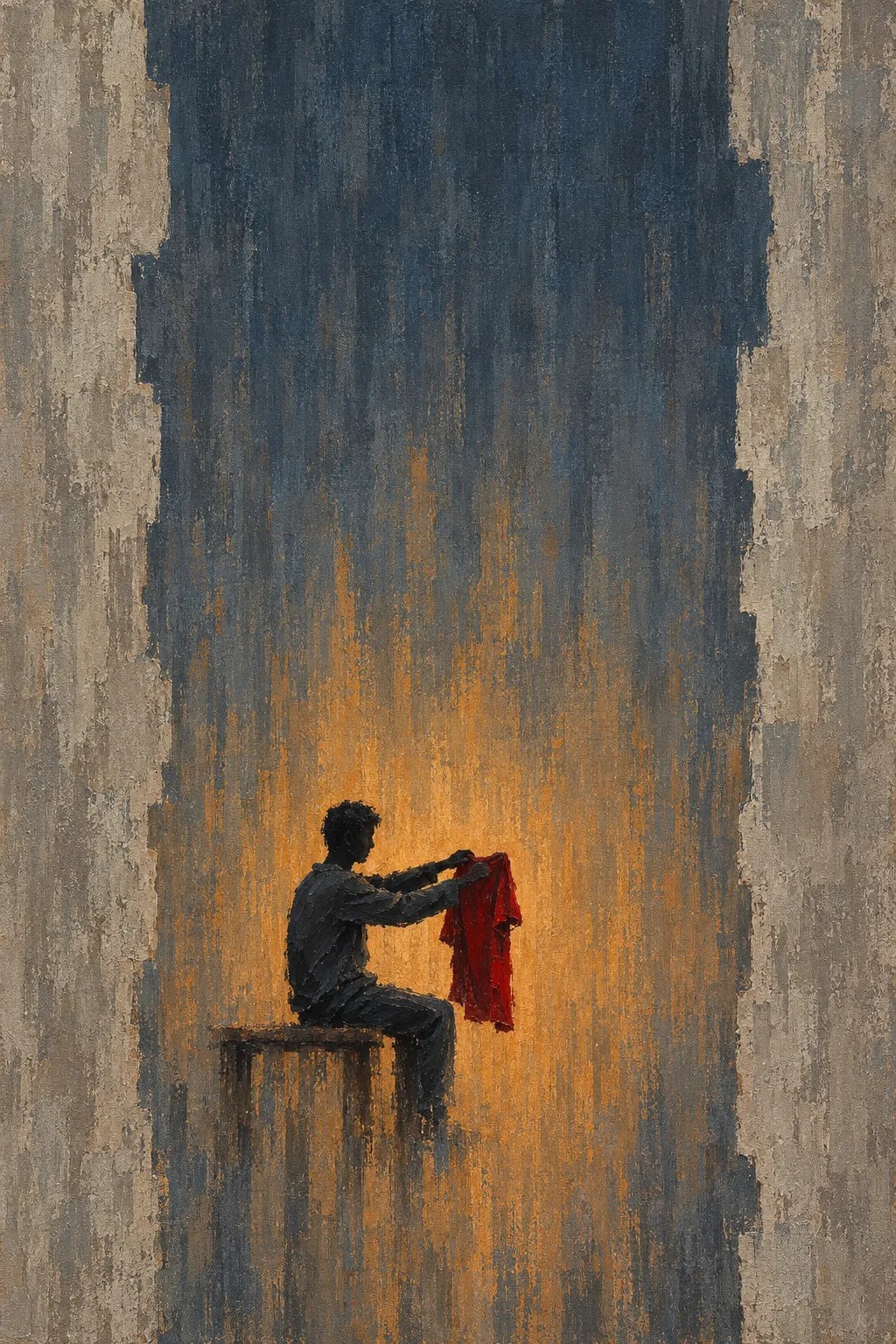 A young man in Rabat in a dark sweatshirt sits side-on on a low bench, holding a red shirt up at arm’s length in a warm amber glow, under a slate-blue field between stepped stone-grey panels.