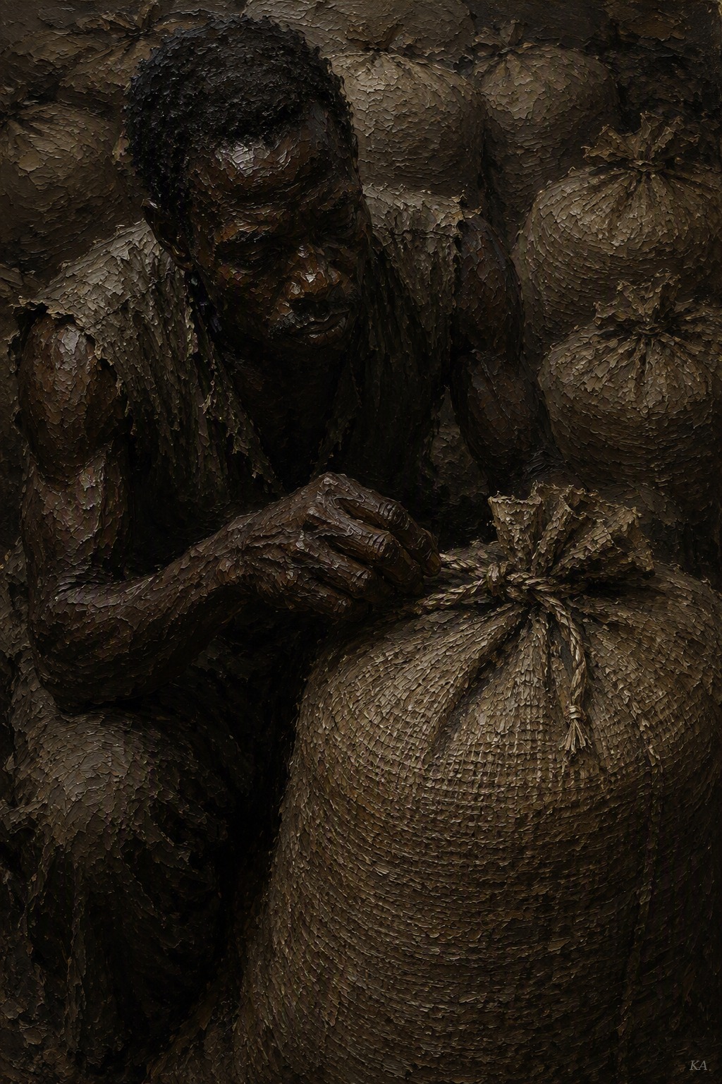 A figure kneels beside a sealed burlap sack of grain, testing its tied knot, as more stacked sacks fade into shadow behind.