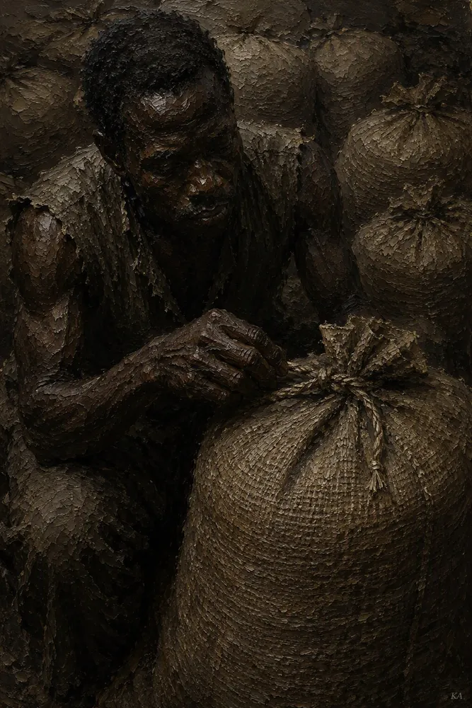 A figure kneels beside a sealed burlap sack of grain, testing its tied knot, as more stacked sacks fade into shadow behind.
