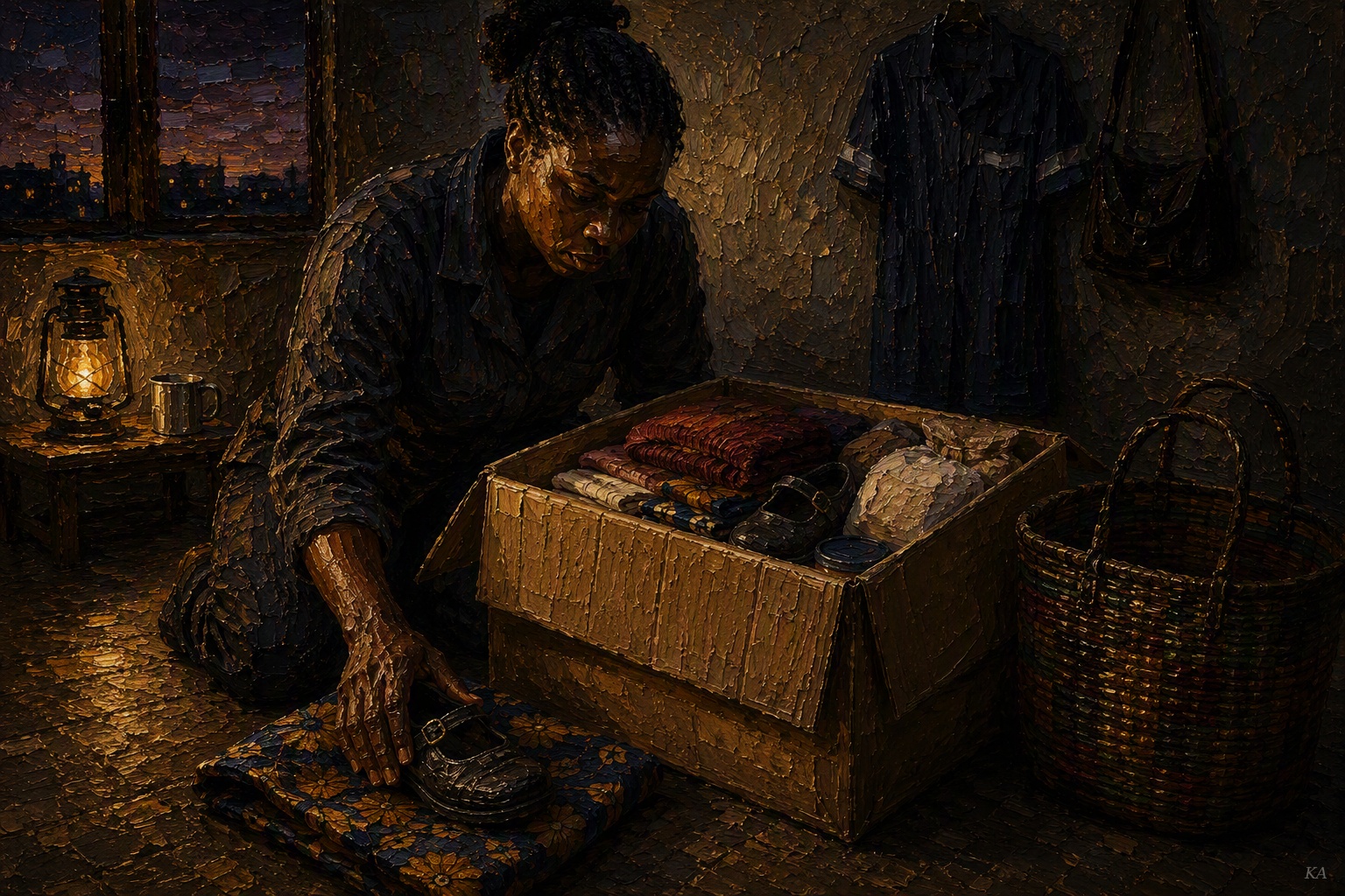A figure kneels on the floor of a bare, lamplit room beside a nearly full cardboard parcel box — folded cloth, a bundle, and a single shoe already inside — while a hand rests on the floor beside the shoe’s unpacked match, a work uniform and bag hanging on the wall, a lit lantern and a woven basket nearby, city lights visible through a window at dusk.