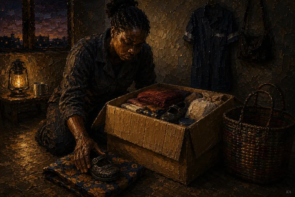 A figure kneels on the floor of a bare, lamplit room beside a nearly full cardboard parcel box — folded cloth, a bundle, and a single shoe already inside — while a hand rests on the floor beside the shoe’s unpacked match, a work uniform and bag hanging on the wall, a lit lantern and a woven basket nearby, city lights visible through a window at dusk.
