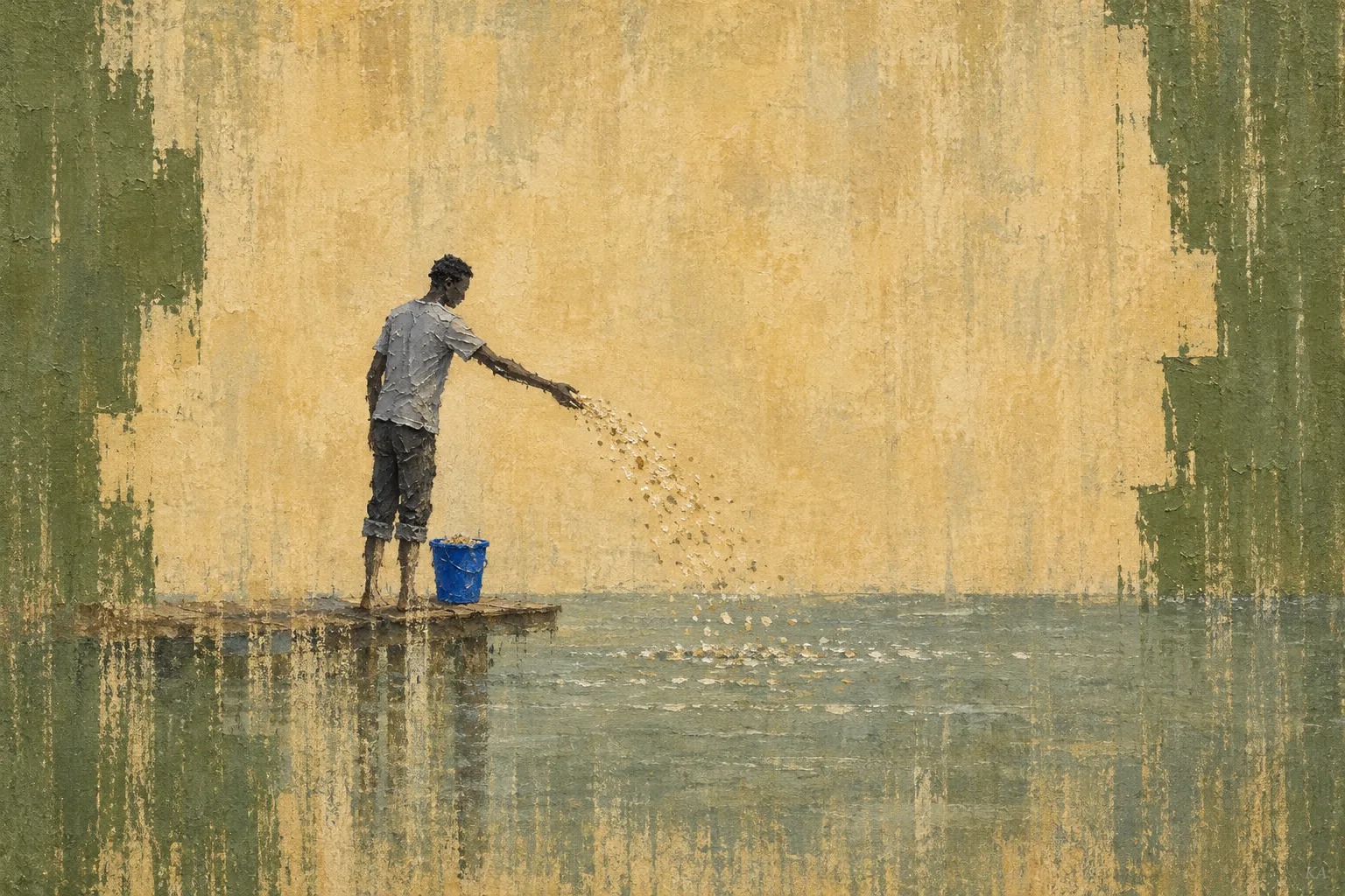 A young Sukuma fish farmer in a grey T-shirt stands side-on on a low wooden walkway at the edge of Lake Victoria, scattering feed over the water beside a cobalt-blue bucket, in a pale sand-gold field between stepped moss-green panels.