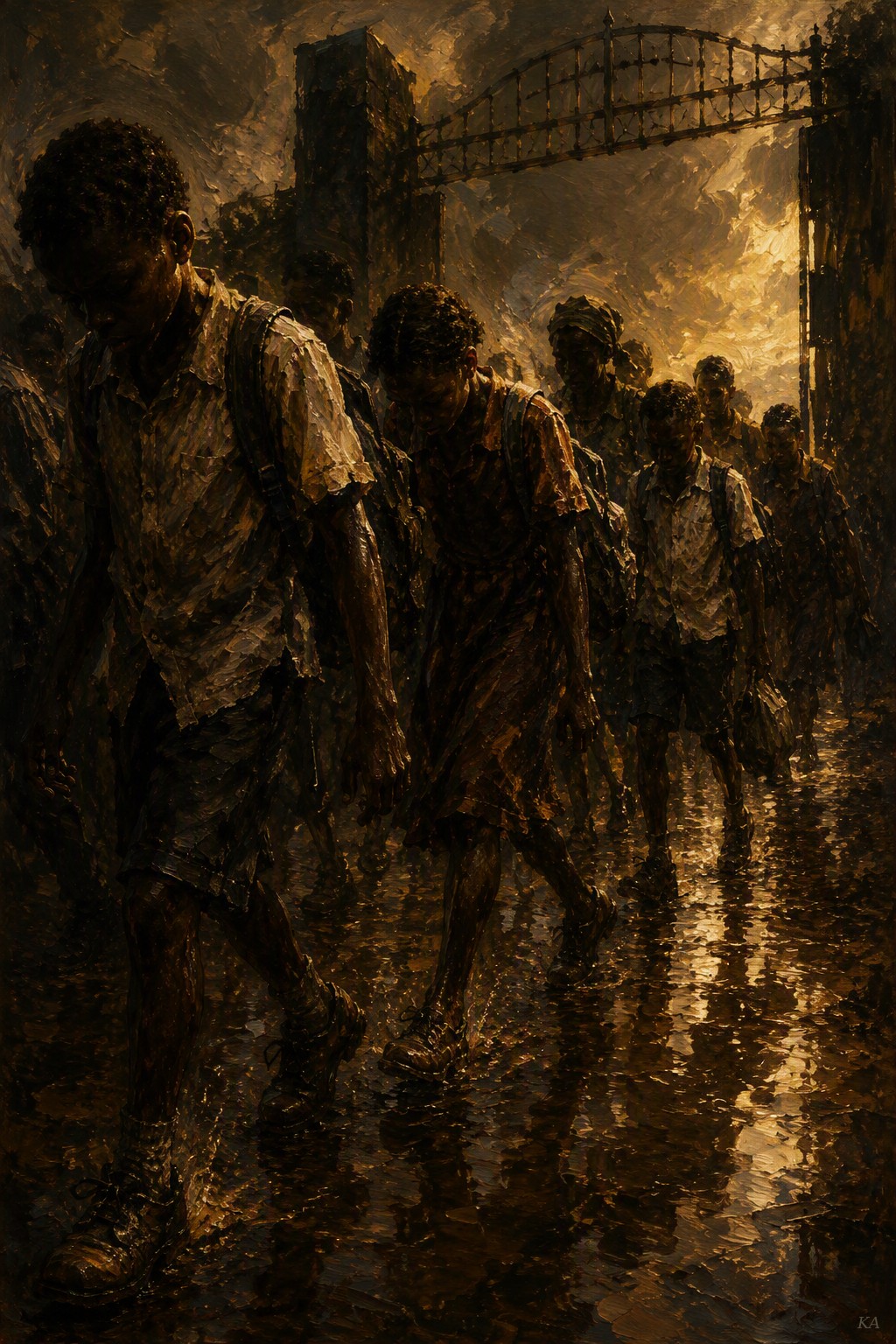 Children in wet school uniforms walk through a rain-soaked street toward a lit iron gate at dusk.