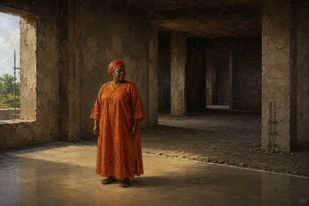 A woman in a deep orange boubou stands calm and grounded in the raw, unfinished interior of a concrete building, lit by daylight through an unglazed window opening, as bare columns recede into shadow behind her.