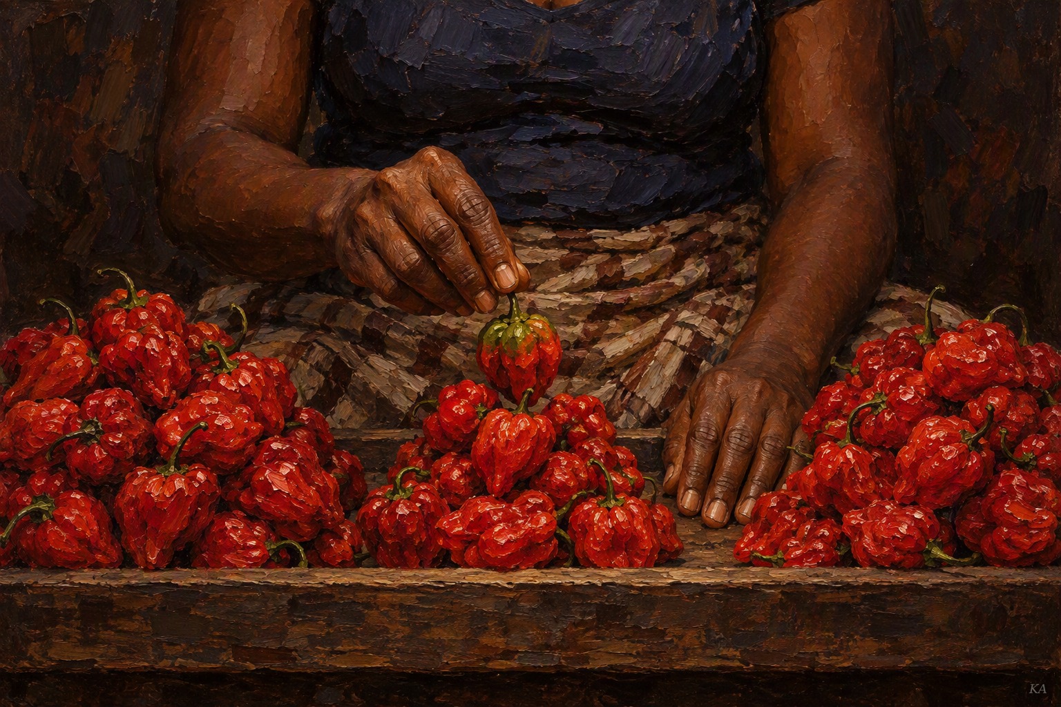 A woman in an indigo blouse and a brown-and-cream lappa sits behind a wooden tray of red scotch bonnet peppers in three heaps, her right hand holding a single pepper still green near the stem just above the centre heap, her left hand resting on the tray.