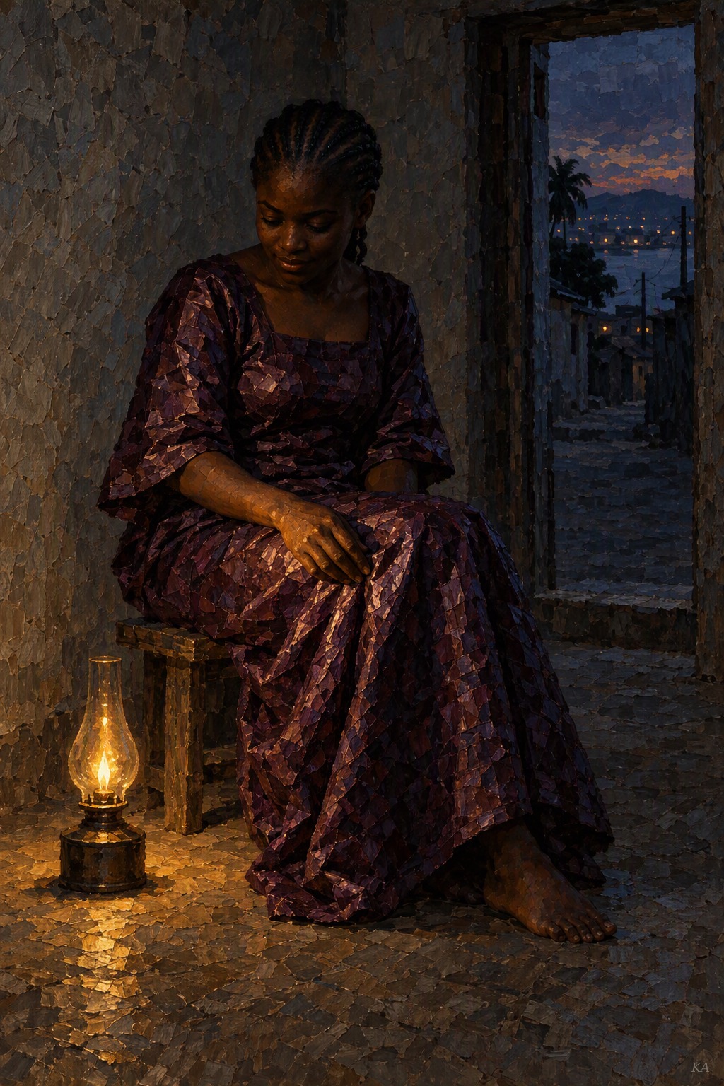 A young woman in a plum bazin dress sits on a low stool in a dim cement room, her hand resting on her knee, an oil lamp glowing on the floor beside her and a dusk street lit beyond the doorway behind her.