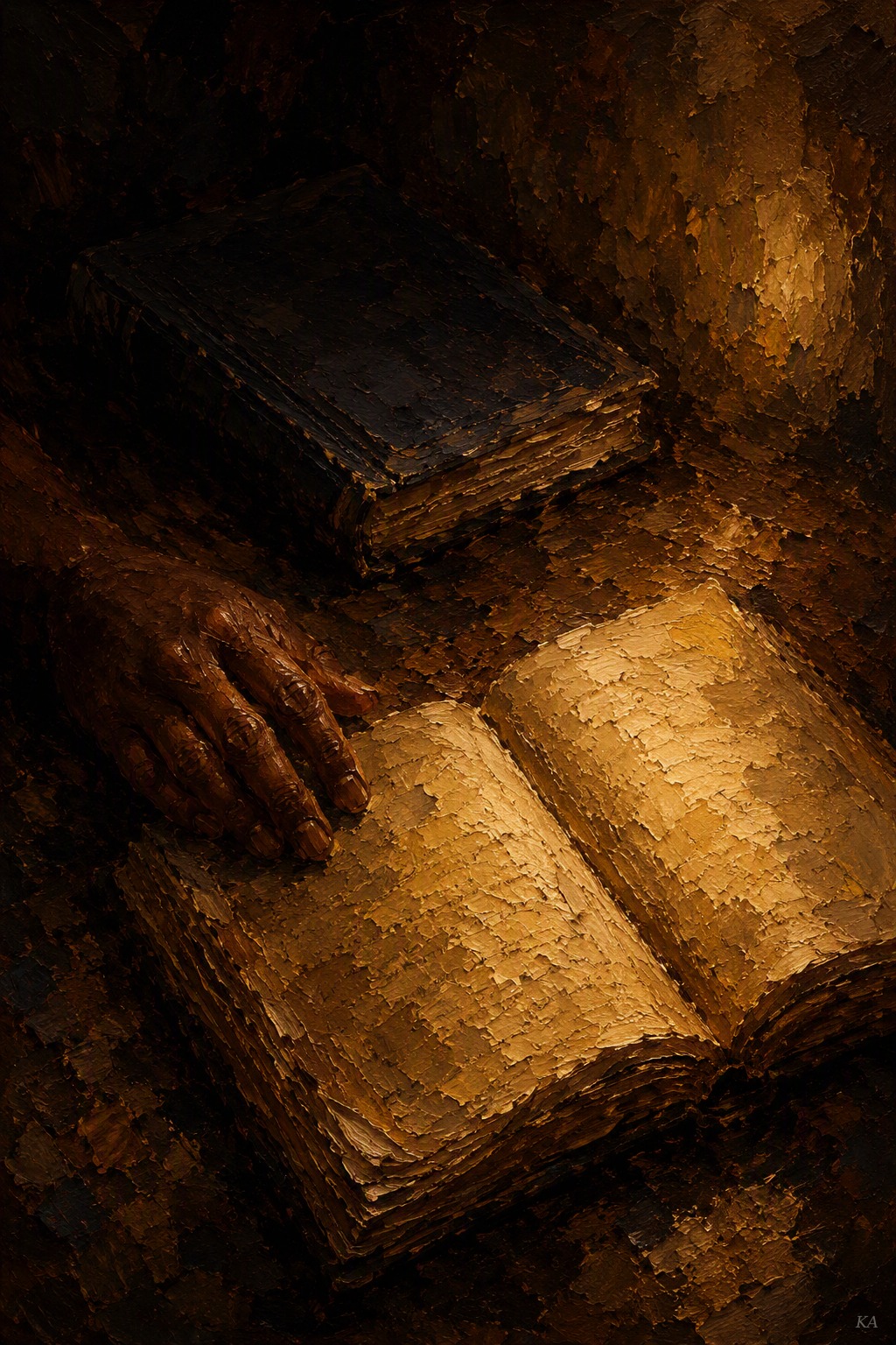 A close, warmly lit still life in thick oil impasto: in the foreground, an open, well-worn notebook with soft, stained pages catches the light, a hand with warm deep-brown skin resting quietly beside it, not turning a page; behind and in shadow, a closed, dust-settled book sits untouched at the edge of the same surface. The rest of the scene recedes into near-black shadow.