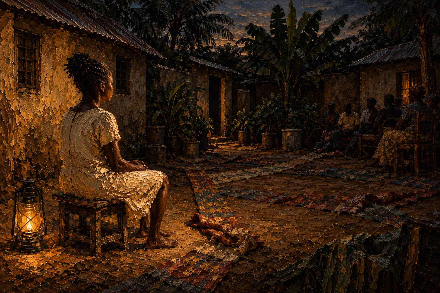 A seated figure in a light dress rests in a dim courtyard, with patterned cloth across the ground, a lantern nearby, and several figures gathered in the distance.