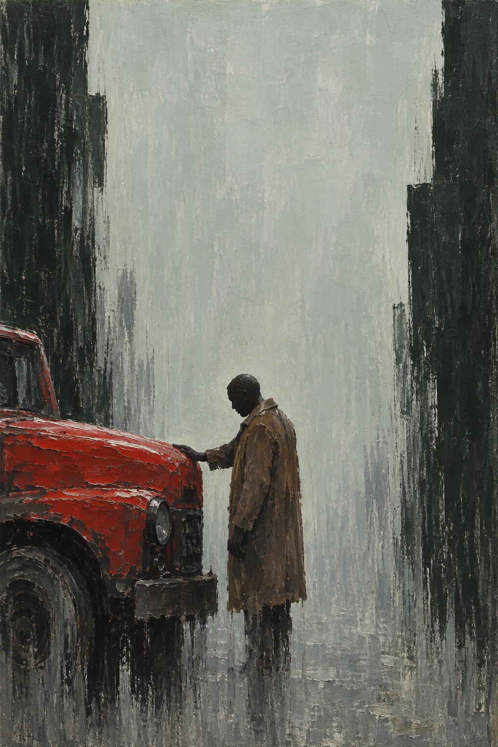 A Malawian truck driver in a long brown work coat stands side-on beside an old truck, one hand resting flat on its bright red bonnet, in a pale cold grey field between stepped black-green panels.