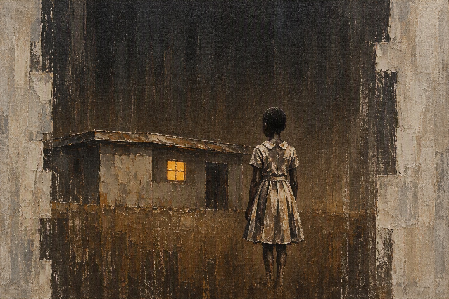 A schoolgirl in Butebo, Uganda, in a plain school dress stands seen from behind, looking at a small school building with one lit saffron window, in a field fading from charcoal to earth brown between stepped pale ash panels.