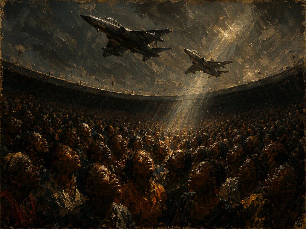 A stadium crowd looks up in golden light as two fighter jets fly low overhead against a stormy sky.