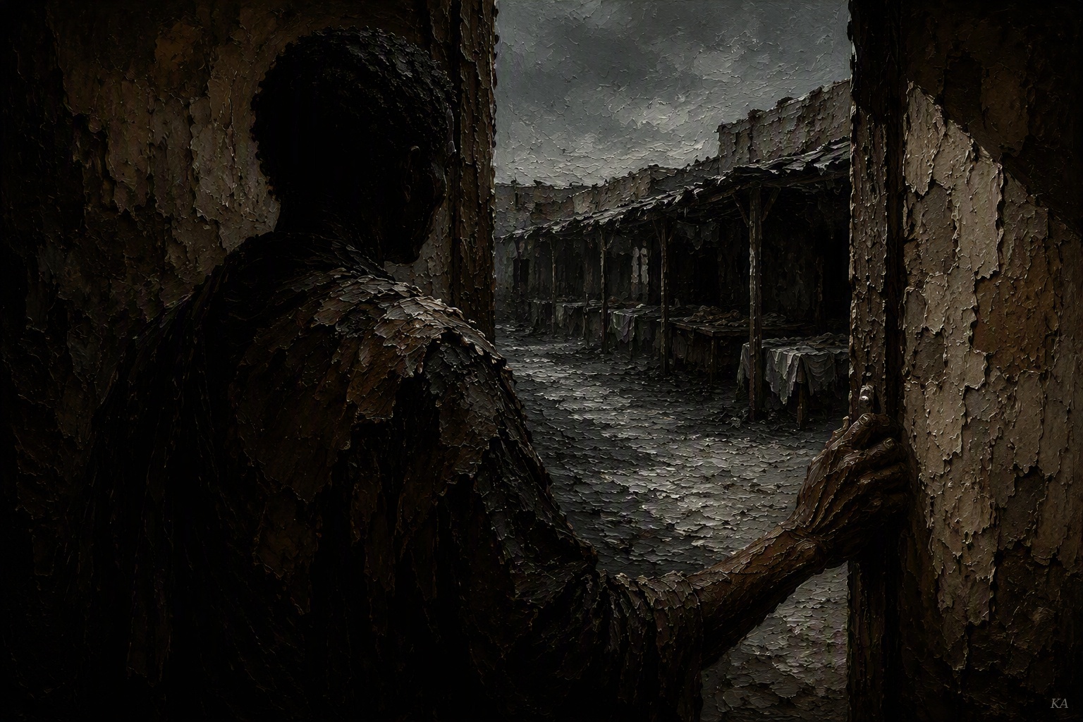 A silhouetted figure grips a weathered doorframe, looking out at an empty, rain-slicked market of covered stalls beneath a stormy sky.