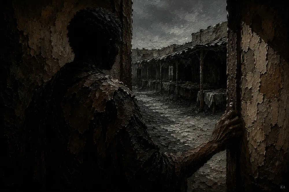 A silhouetted figure grips a weathered doorframe, looking out at an empty, rain-slicked market of covered stalls beneath a stormy sky.